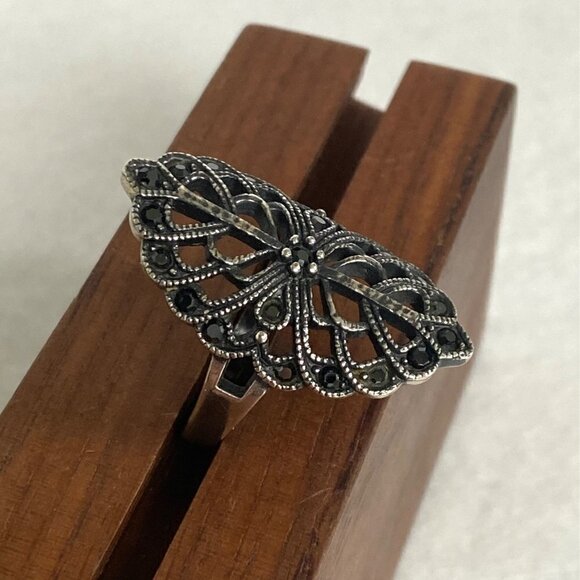 Sterling Silver 925 Openwork Scrollwork Wide Black Black Rhinestone Ring Sz 8 - Picture 16 of 16